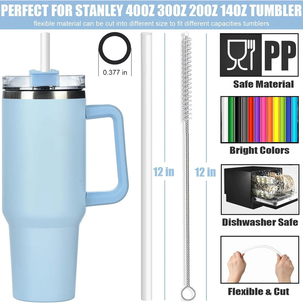 12Pcs Color Replacement Straws for Stanley 30/40 oz Tumbler , 12 in Long Reusable Plastic Straws for Stanley Cup, Plus 2 Brush