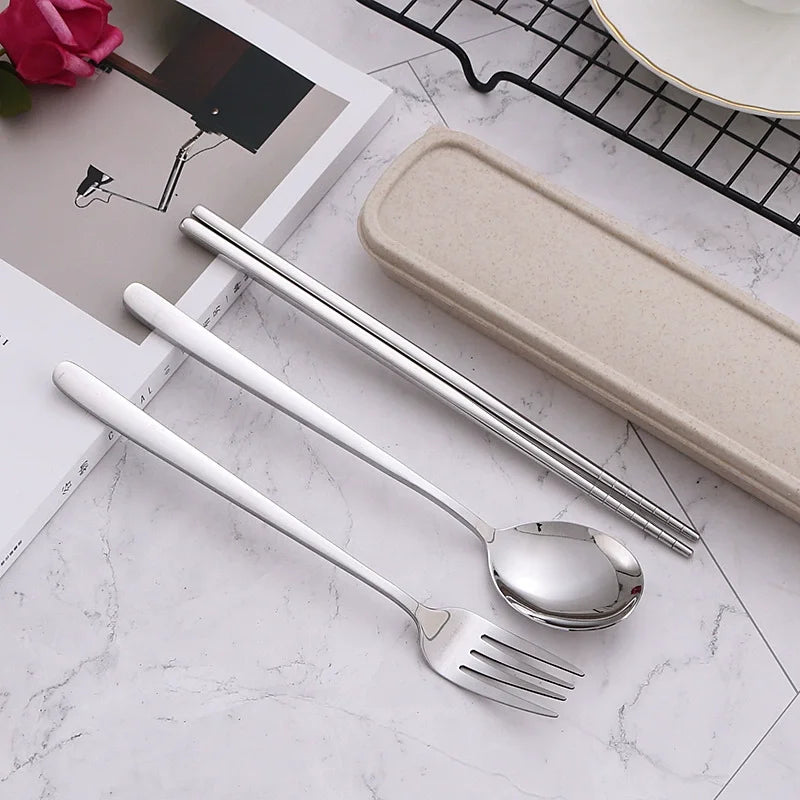 3pcs 410 Stainless Steel Portable Cutlery Set Mirror Polished Edge Rounded Comfortable Knife Fork And Spoon Three Piece Set