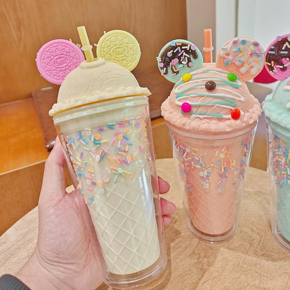 450ml Fashion Cartoon Ice Cream Straw Cup Adorable Plastic Bear Drinking Cup With Lid Milk Tea Cup For Women Girls Outdoor Home