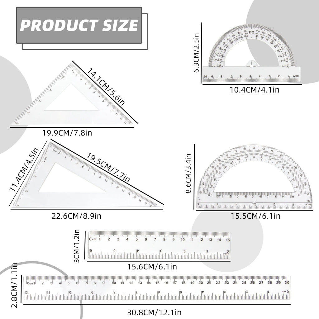 30cm Ruler Set - 6-Piece Measuring and Drawing Kit with Straight Ruler, Protractor, and Triangle Set