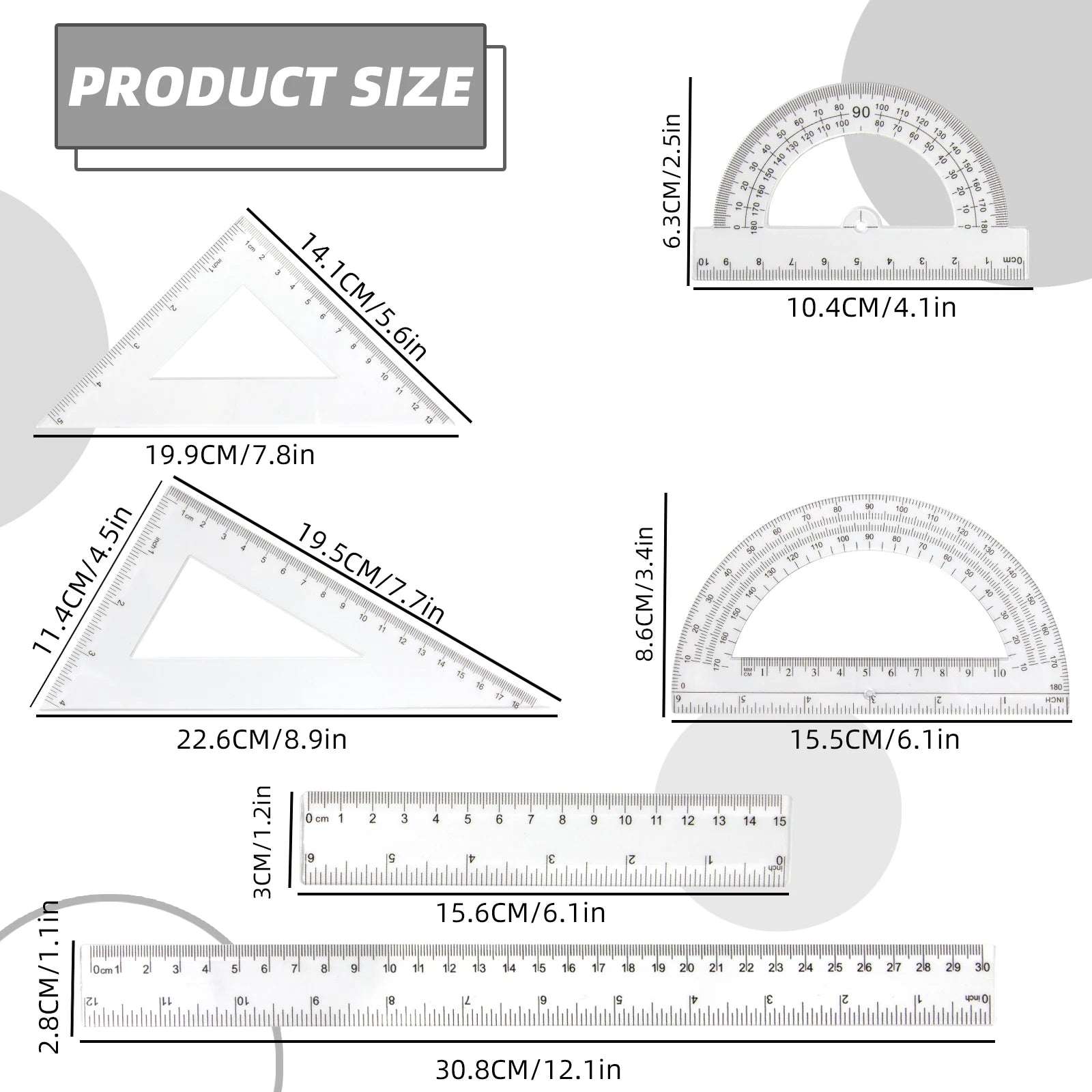 30cm Ruler Set - 6-Piece Measuring and Drawing Kit with Straight Ruler, Protractor, and Triangle Set