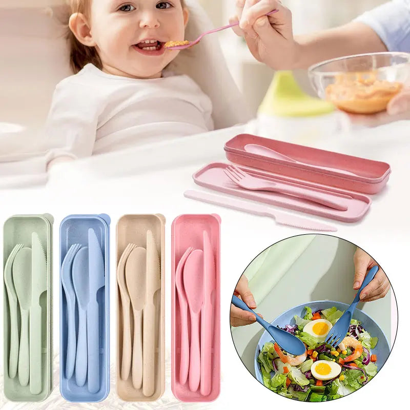3In1 Wheat Straw Dinnerware Set Portable Reusable Cutlery Sets Knife Fork Spoon Chopsticks Travel Utensil Box Camping Tableware
