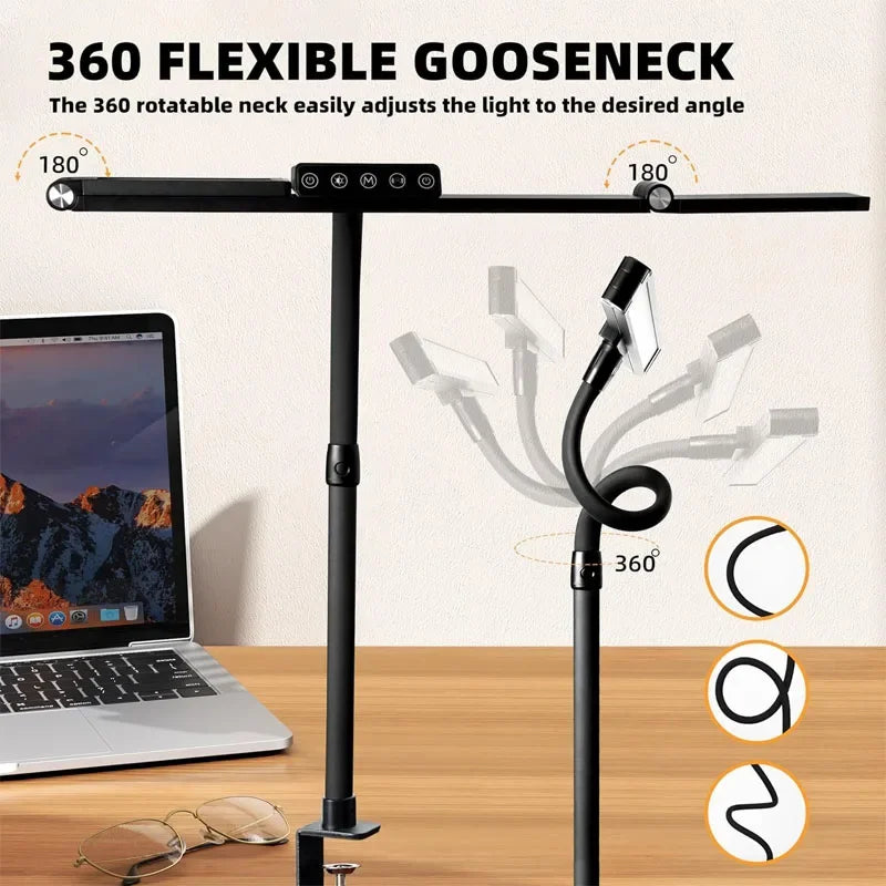 LED Desk Lamp Eye-Caring Desk Light with Stepless Dimming Adjustable Flexible Gooseneck with Clamp for Reading Study Workbench