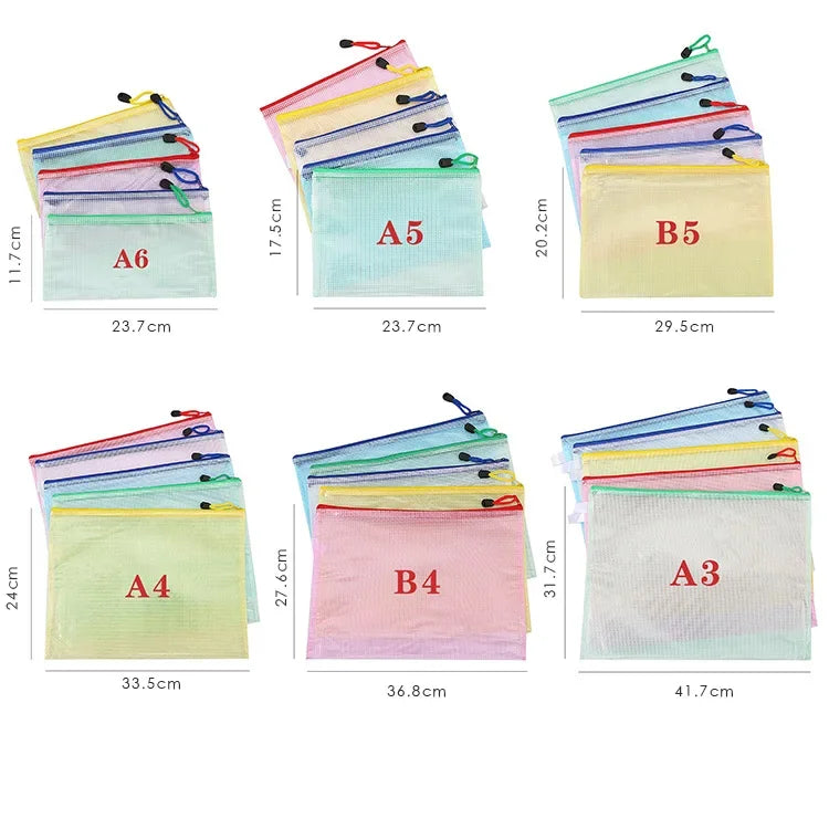 5PCS Stationery Storage Folder File Mesh Zipper Pouch A4 A5 A6 B5 2PCS A3 B4 Document Bag Zip File Folder School Office Supplies