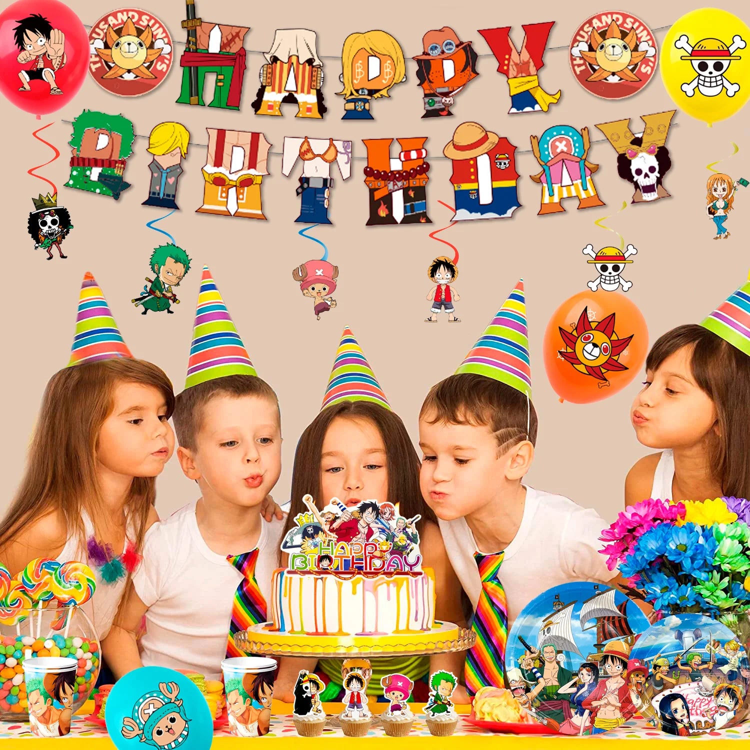 117 Pcs One Piece Party Supplies-One Piece Party Banner Balloons Cake Topper Plates Etc One Piece Birthday Party Decorations
