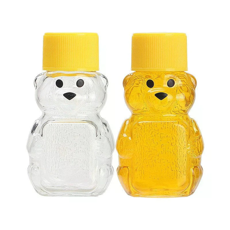 20pcs Plastic Transparent Disposable Cartoon Bear Juice Bottle, Small Capacity Dispensing Bottle, 60ml Honey Bottle