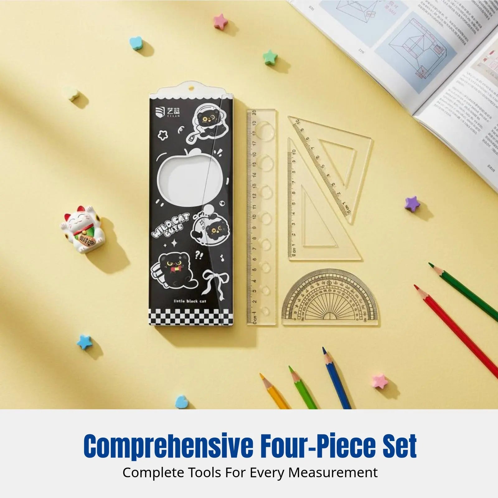 Cartoon Cat Ruler Set, Acrylic Geometry Tools, Student Stationery, Includes Triangle Ruler, Protractor, Straight Ruler, Cute