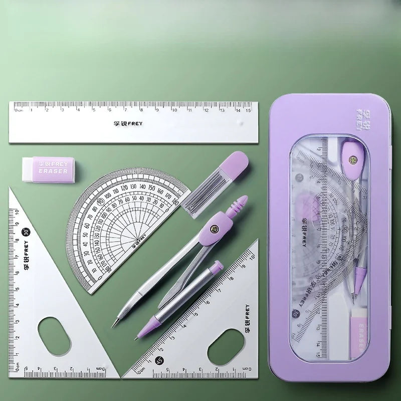 Fu Rui Compass Ruler Set Iron Box Rubber Lead Core Triangle Plate Protractor 7-Piece Set Student Mathematics