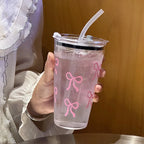 1/2/3pcs 450ml Pink Bow Plastic Cup With Straw And Lid Transparent Milk Coffee Drink Mug Household Travel Ins Water Drinking Cup