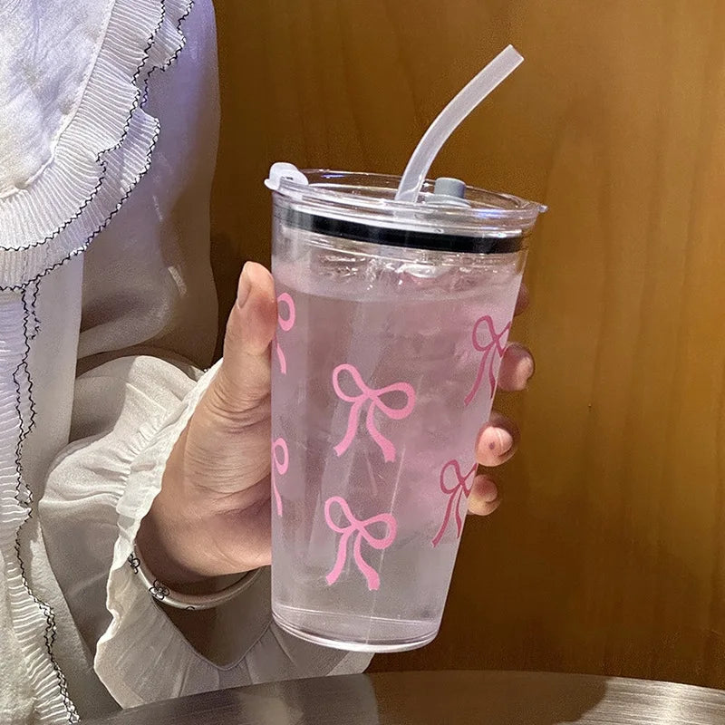 1/2/3pcs 450ml Pink Bow Plastic Cup With Straw And Lid Transparent Milk Coffee Drink Mug Household Travel Ins Water Drinking Cup