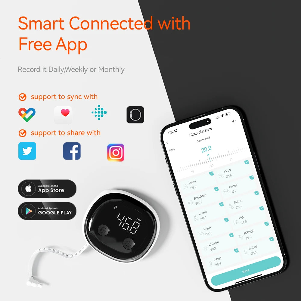 Fitdays Smart Body Tape Measure, Smart Body Ruler, Waist Circumference Inch Centimeter Digital Measuring Tapes with APP