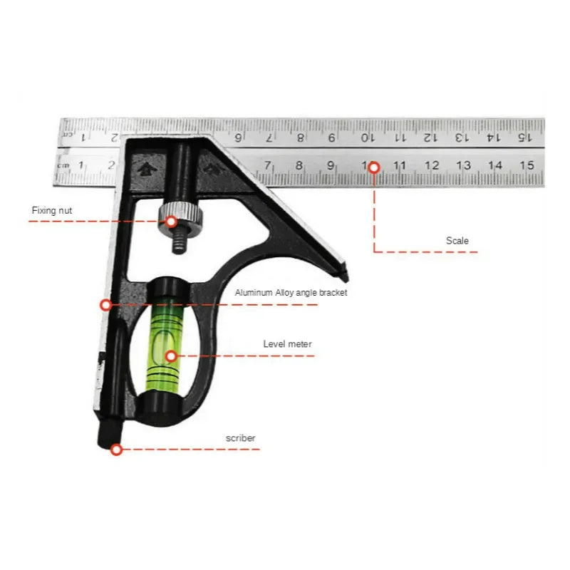 Woodworking Movable Combination Square 300mm Stainless Steel Ruler, Adjustable Horizontal Level, 45° Right Angle Measuring Gauge