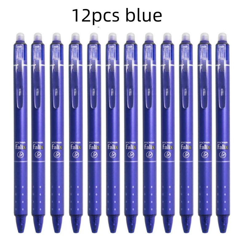 12pcs Press Type Erasable Gel Pens 0.5mm Black/Blue Ink Bullet Washable Handle Magic Refills Rod Super Capacity Ink Writing