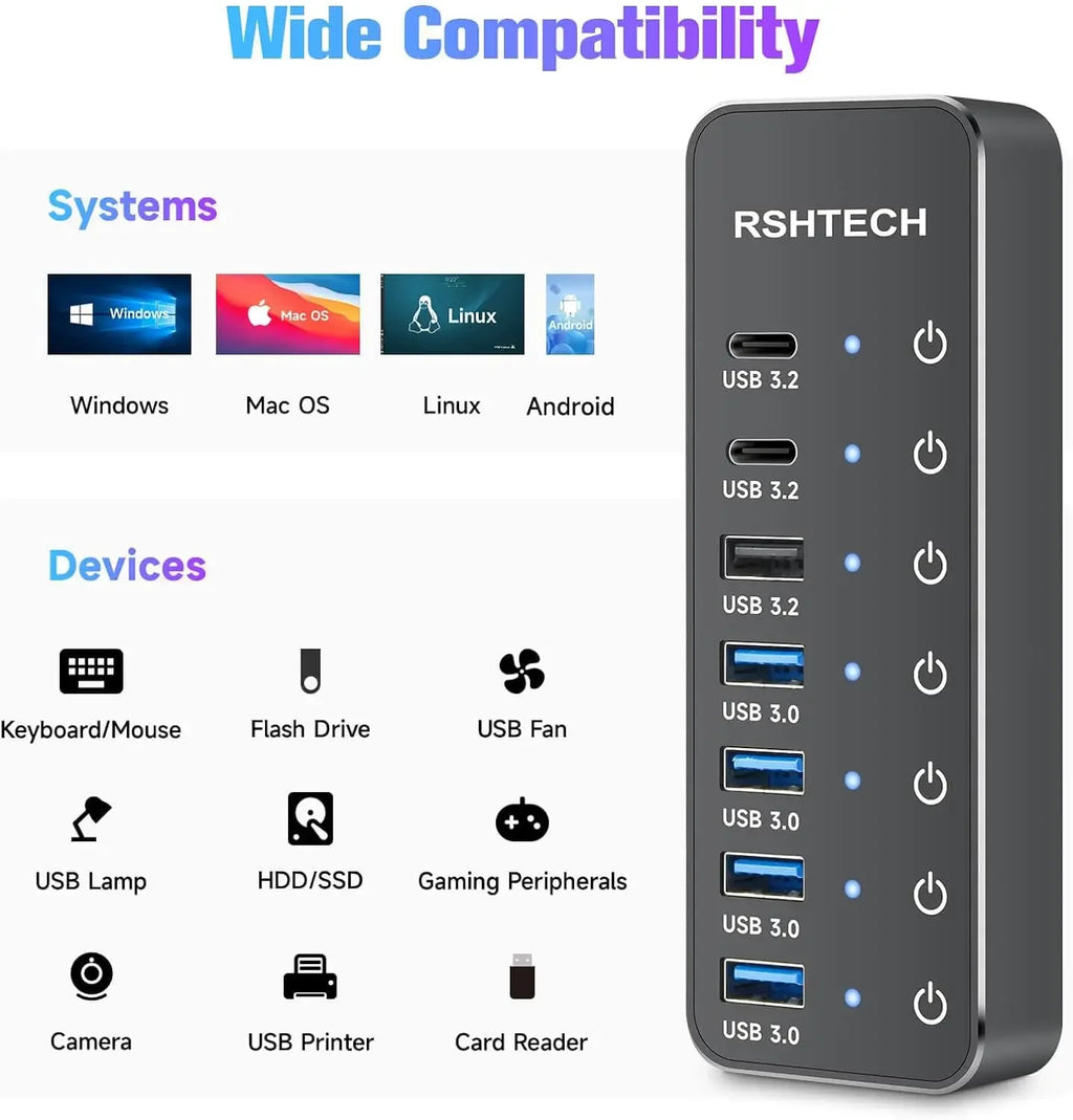 RSHTECH 7-Port Powered USB C Hub with 10Gbps USB-C 3.2 Ports Individual Touch Switches 5V/3A Power Adapter Laptop USB Splitter
