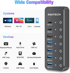 RSHTECH 7-Port Powered USB C Hub with 10Gbps USB-C 3.2 Ports Individual Touch Switches 5V/3A Power Adapter Laptop USB Splitter
