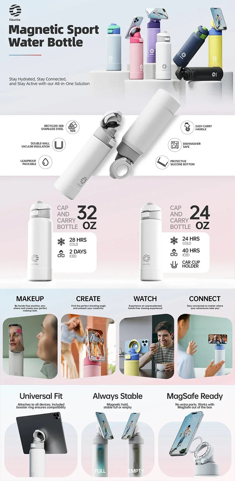 FEIJIAN 710/950ML Stainless Steel Sports Water Bottle with Magnetic Phone Holder Bouncing cover Insulation Cup Magnetic Thermos