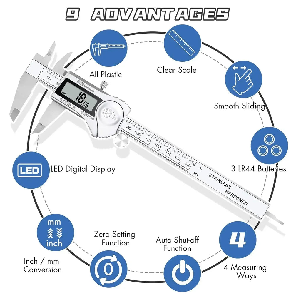 Electronic Digital Caliper, Inch and Millimeter Conversion, LCD Screen Display 0-6” Caliper Measuring Tool, Auto Power Off