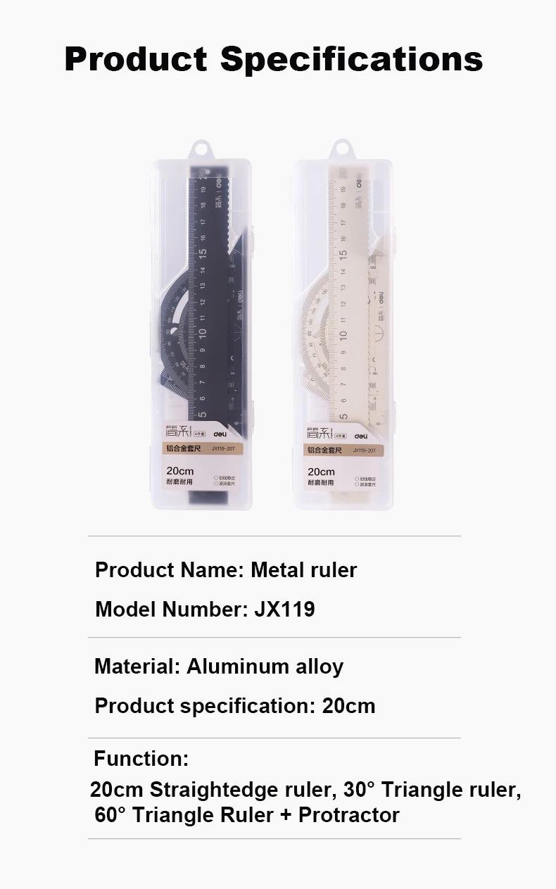 Deli 4Pcs Student Stationery Set Triangle Ruler Straight Ruler Grid Ruler Angle Measuring Tool Aluminum Alloy Material