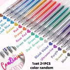 Set of 12 or 24 Glitter Pens, Liquid Sand Pens, Shimmer Gel Pens, and Aurora Glitter Pens—perfect for journaling and drawing