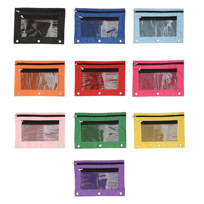 Double Zipper Pen Bag 3 Rings Binders Pencil Case File Bag Pencil Box For Erasers Rulers Markers Storage