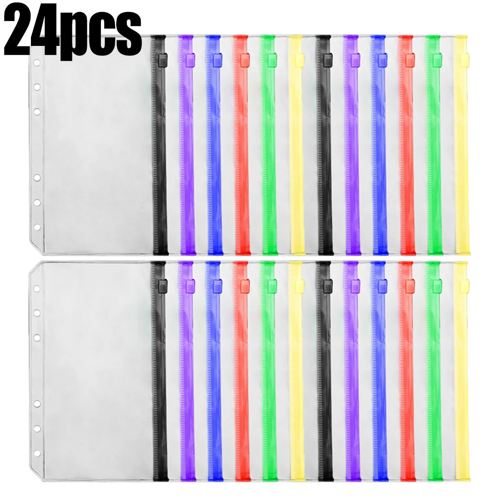 2-24Pcs Clear A6 6-Hole Binder Pockets Waterproof PVC Organizer Cash Budget Envelopes Zipper Binder Pouches for Notebook Planner