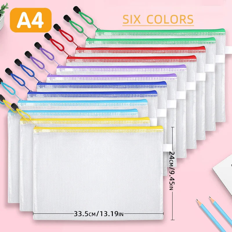 12-Piece Plastic Mesh Zip File Bag, Waterproof and Tear-Resistant File Folder, Multi-Size Zip File Bag for School Office Home Tr