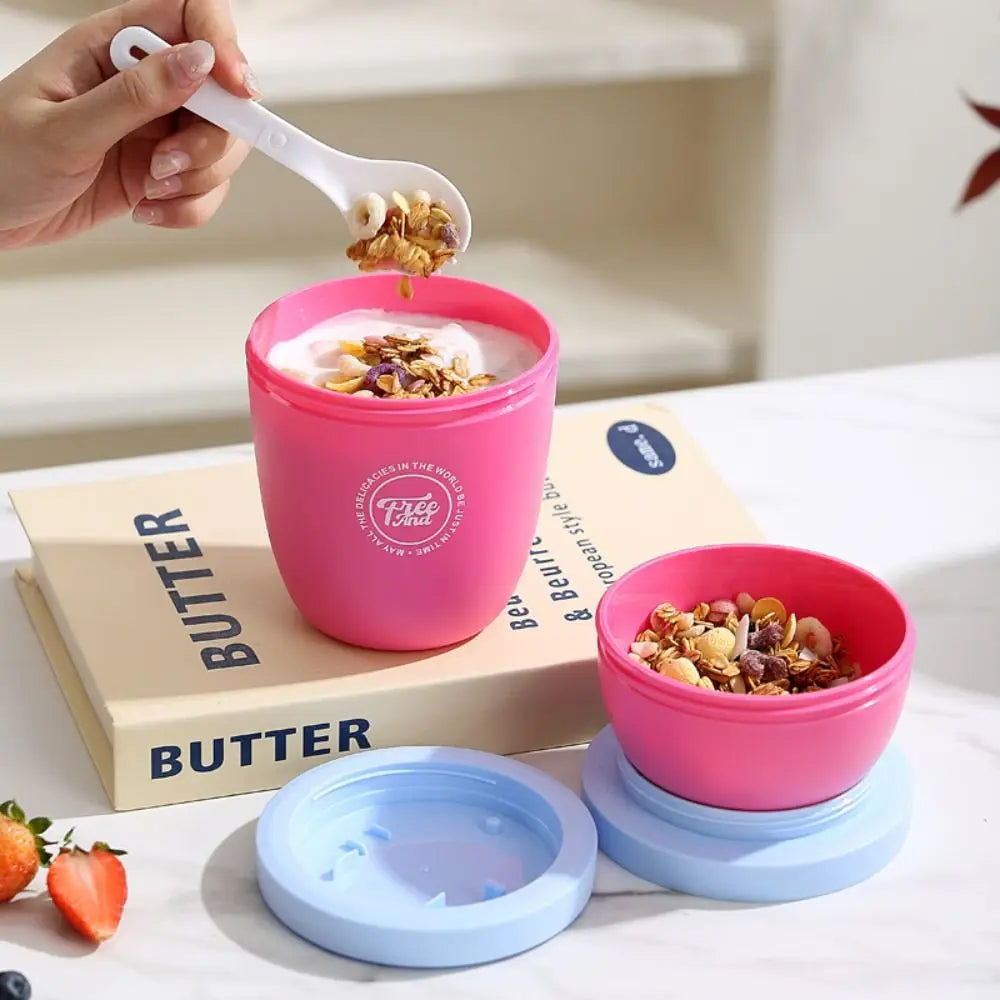Double Layer Overnight Oats Container with Lids and Spoons Seal Breakfast Cup Milk Cup PP Large Capacity