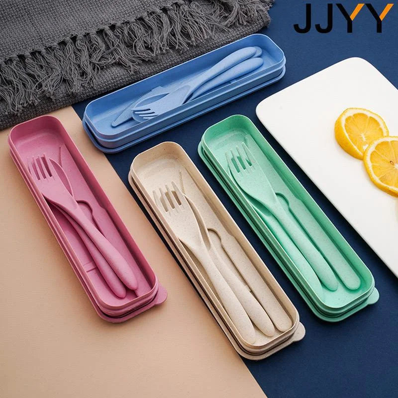 JJYY 1Set(3Pcs) Creative Portable Cutlery Set With Case Knife Fork Spoon Set Students School Office Home Travel Supplies