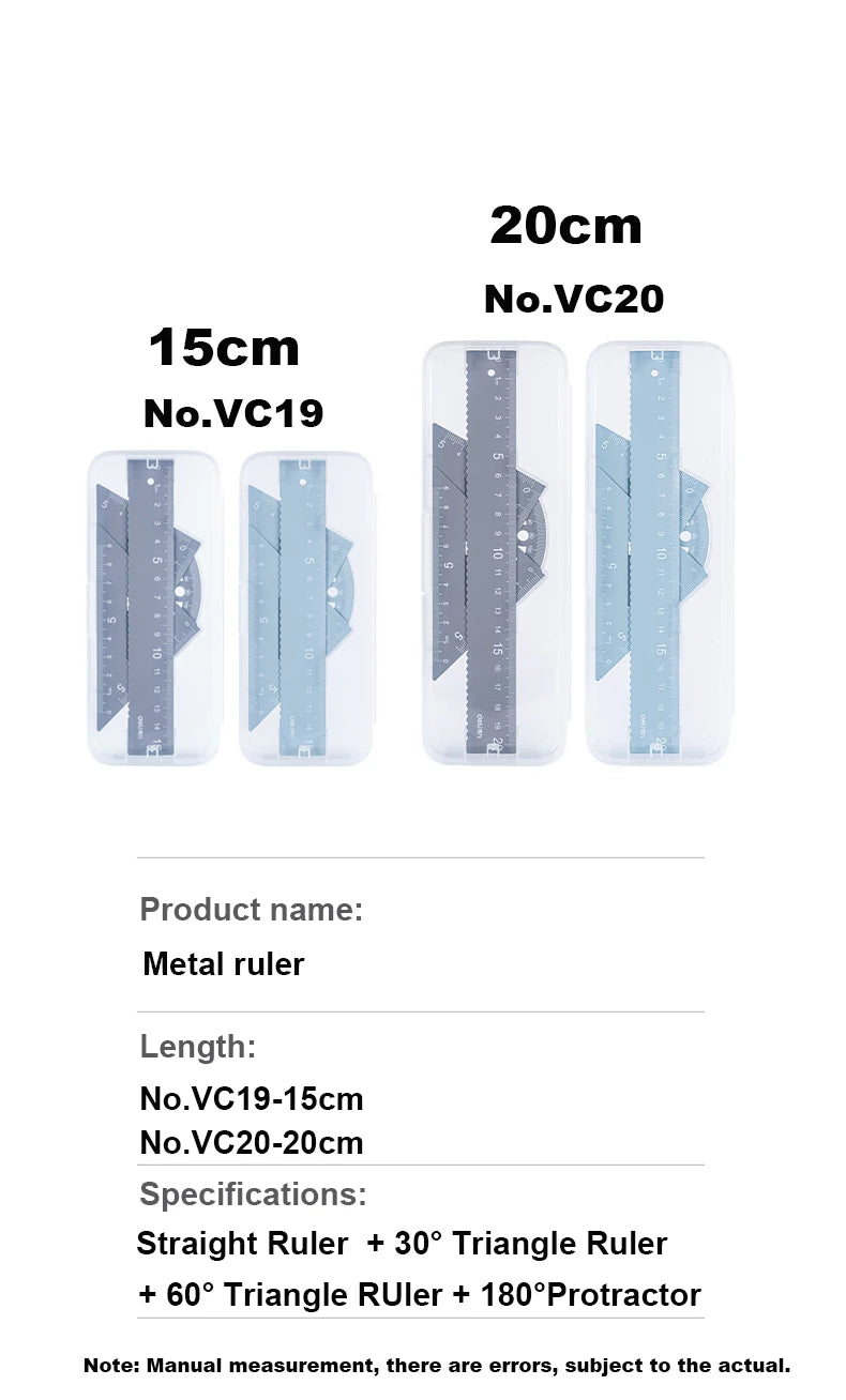Deli 4Pcs Metal Ruler Set Multifunctional Straight Triangle Ruler Protractor Math Geometry Kit for School Kids Drawing Measuring