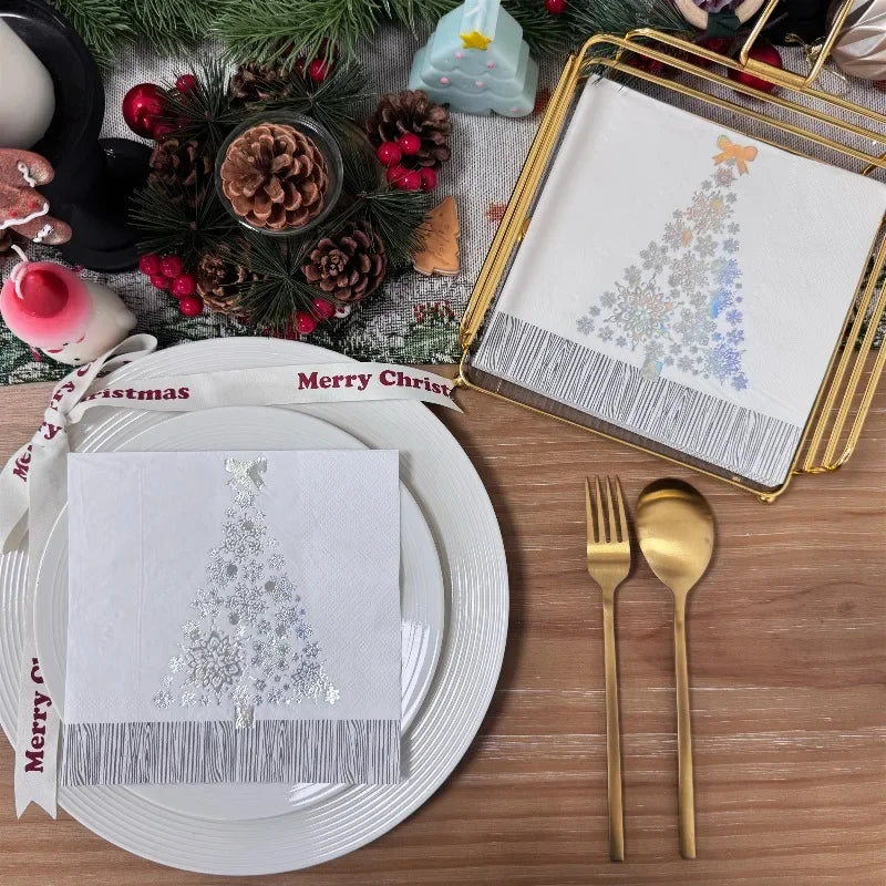 16pcs 33 * 33cm 2Layer Hot Selling Hot Stamped White Christmas Tree Napkins Christmas Disposable Table Mat DIY Decoupage Paper