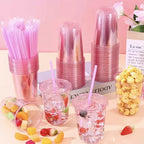Disposable Cold Drink Cup Plastic Wine Glass Birthday Cocktail Party 12oz Pink PET Thicken U-shaped Single-Use Cups 50pcs