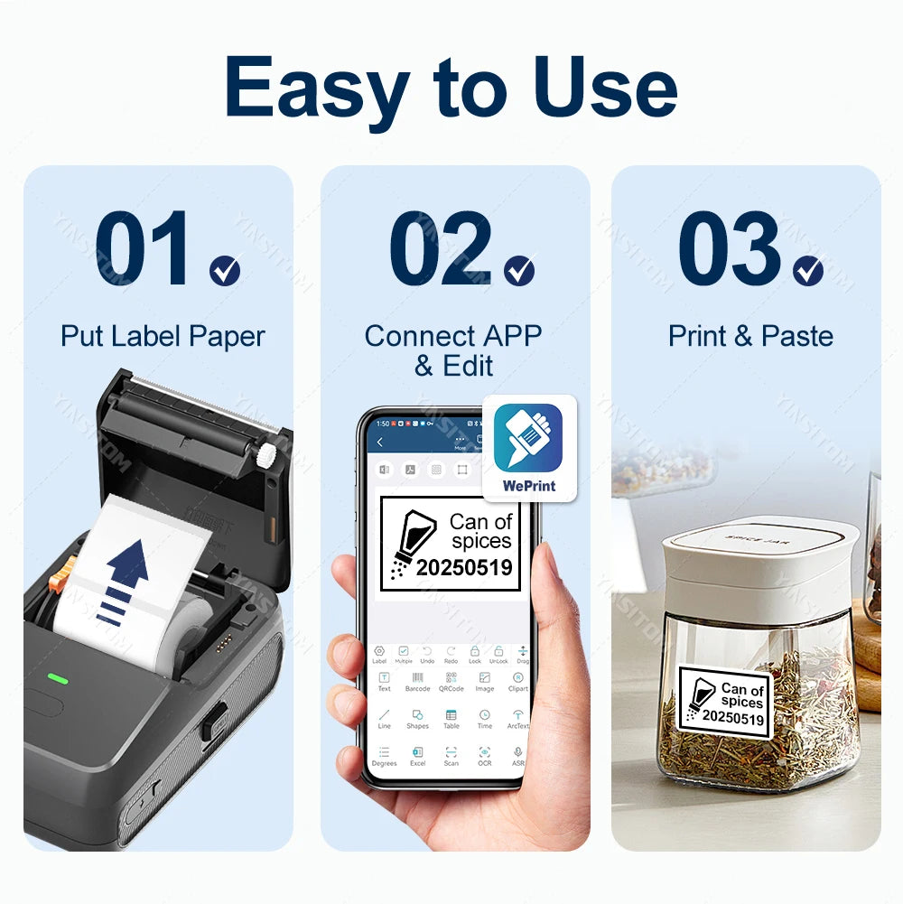 YINSITOM 20-50mm Mini Portable Thermal Printer Bluetooth Barcode Hand Multifunctional Price Label Sticker Maker Android / iOS