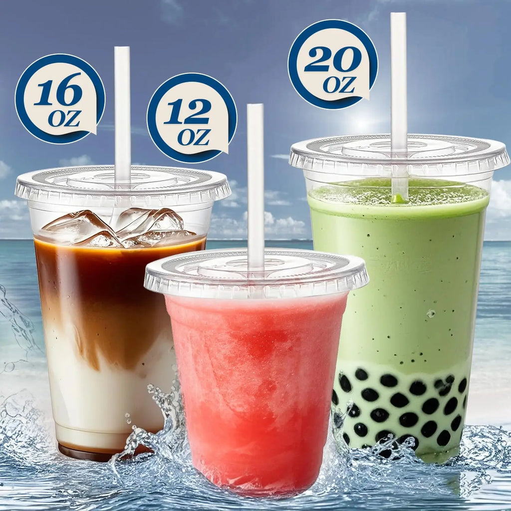 10-50 Sets 12/16 oz Plastic Cups with Lids and Straws, Disposable Cups for Iced Coffee, Smoothie, Milkshake, Cold Drinks - Clear
