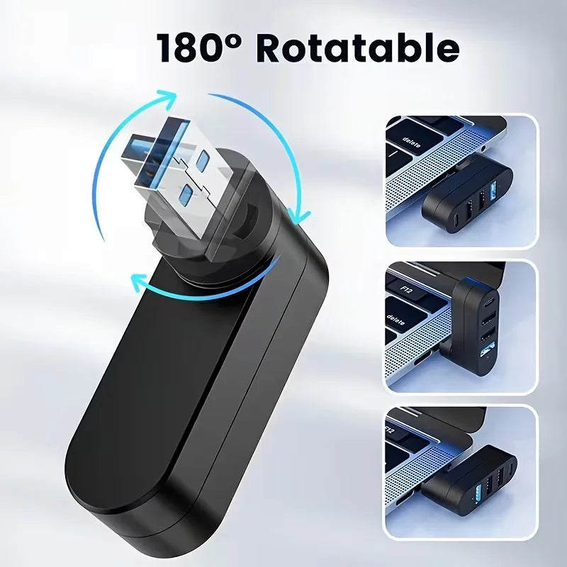 4-Port USB 3.0 Hub [90°, 180° Rotatable], USB Splitter, 3 USB Ports and 1 USB C Power/Data Port, USB Extender for Laptops, Cars,