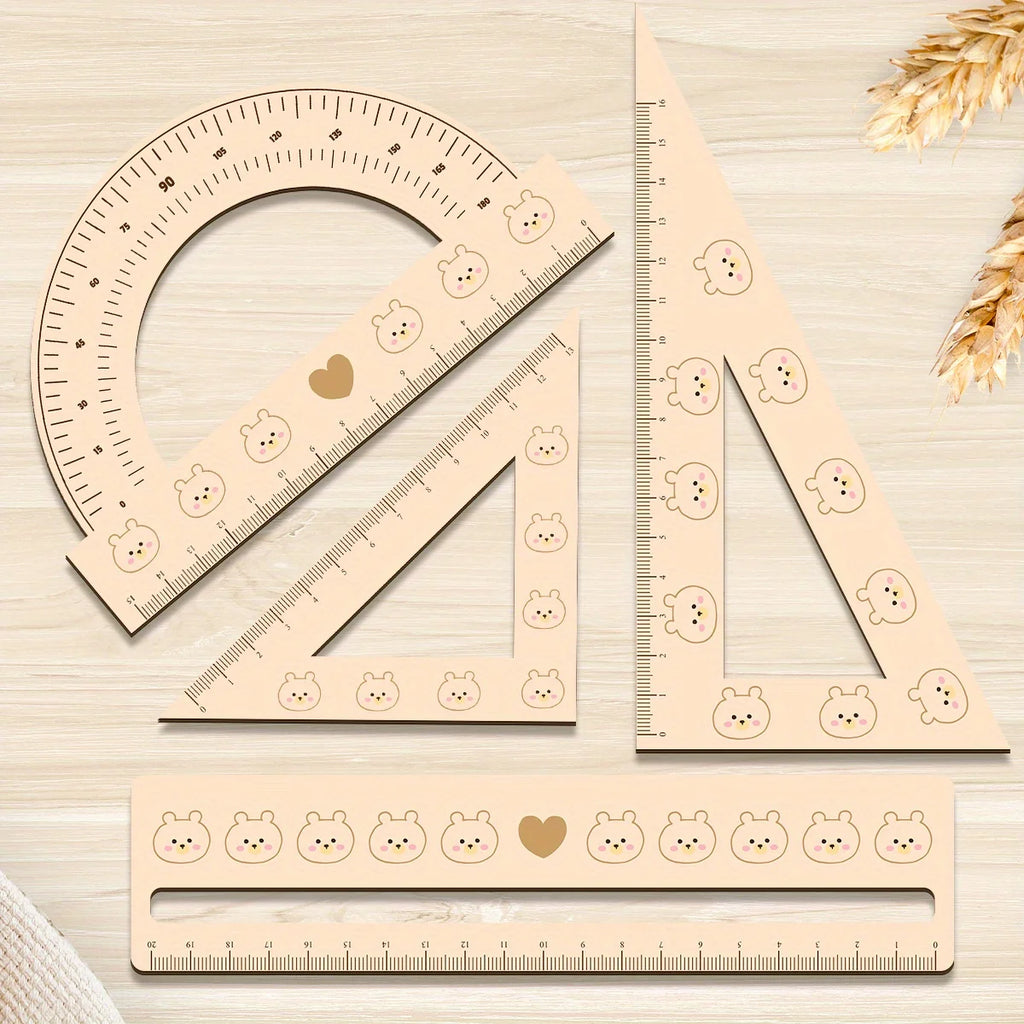 Elegant 4pcs 3mm Thick 2D Wooden Ruler Set Cute Students Math Classes Teacher Gifts Or Office Supplies Triangle Straight Ruler