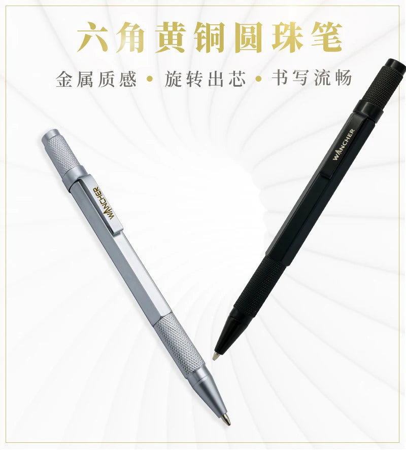 WANCHER Ballpoint Pen Original Hexagon Brass Metal Rotary Black 0.5mm Refill Replaceable W1558 Office School Stationery