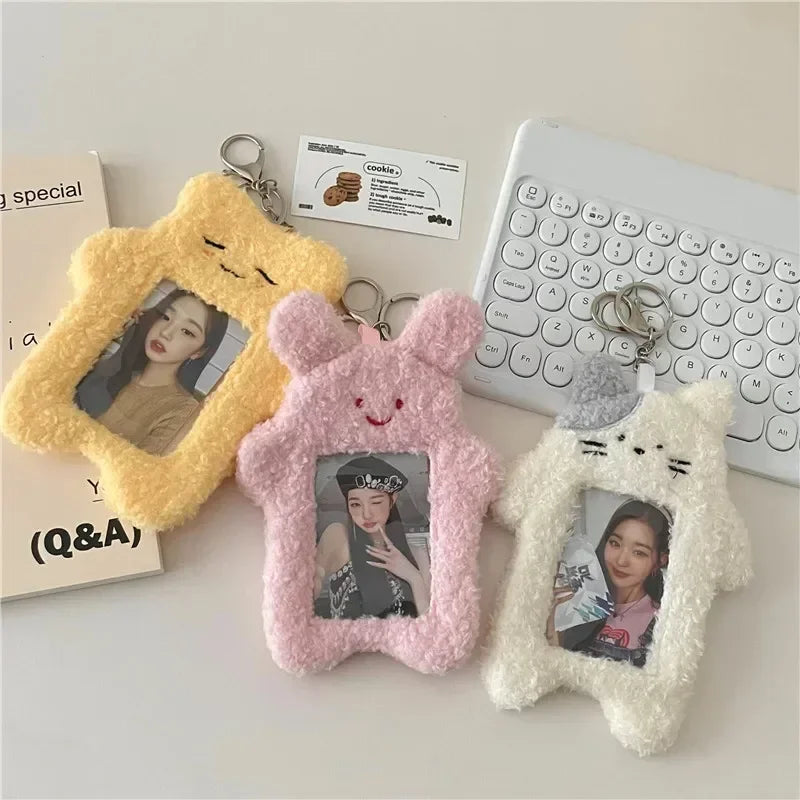 ID Card Holder Keychains kawaii Cartoon Plush Photocard Holder Korean Desk Accessories Kpop Stationery Idol Display Stand