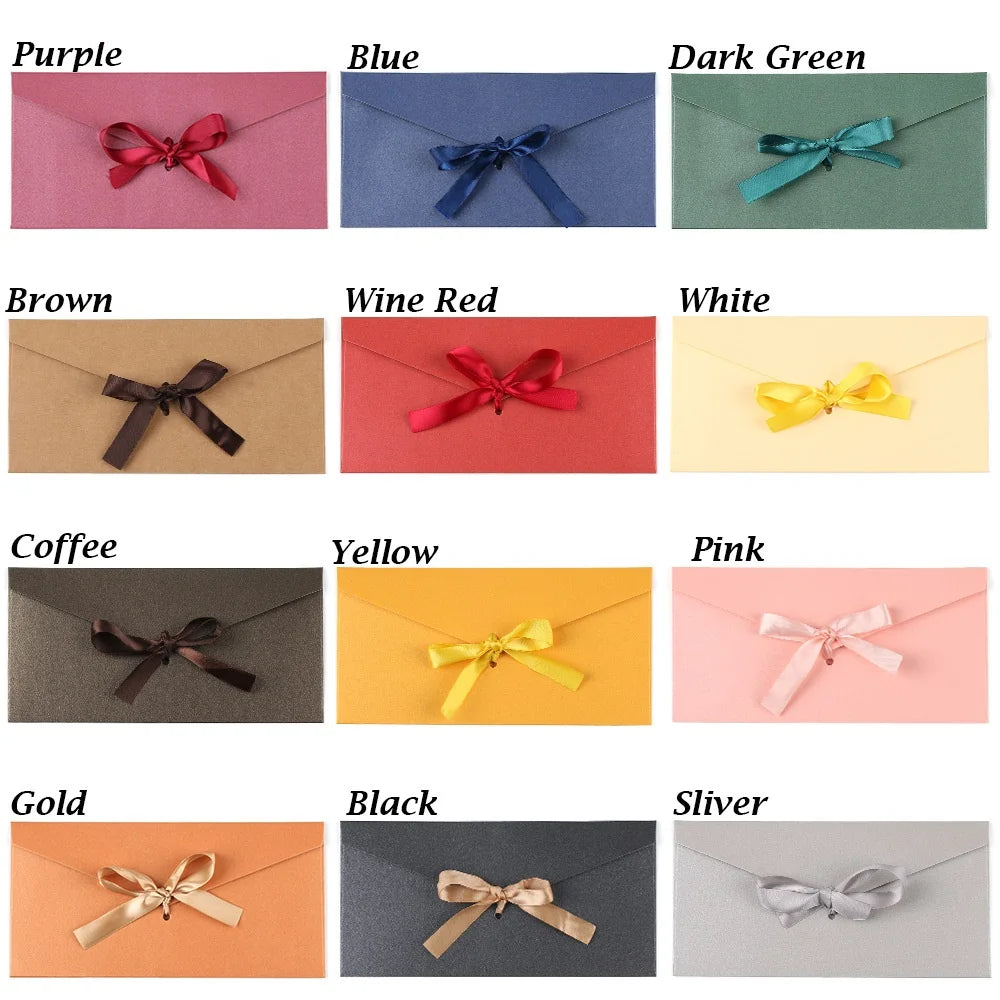 10Pcs Black Envelopes with Bow Ribbon Creative Black Greeting Card Bags Pearlescent Paper Envelop Wedding Invited Card Envelopes