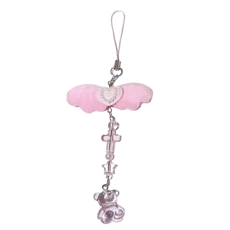 Sweet Bowknot Pendant Phone Chain Rope Wing Keychain Handmade Cellphone Strap Lanyard Acrylic Keyring Bag Ornament