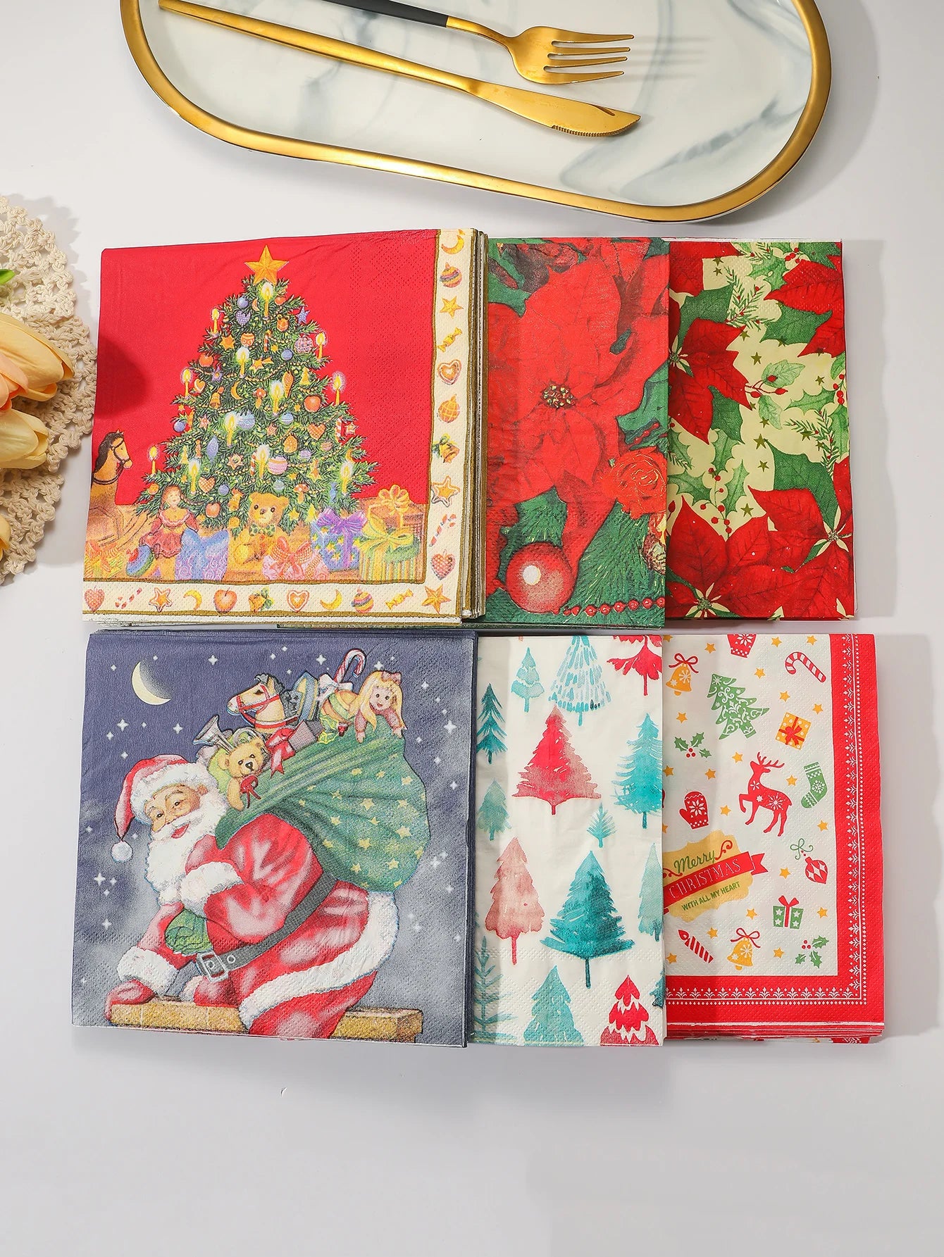 Christmas Party Napkins Disposable Dinner Serviettes Santa Claus Christmas Tree Gifts Flower Element Style Art Decoupage Napkins