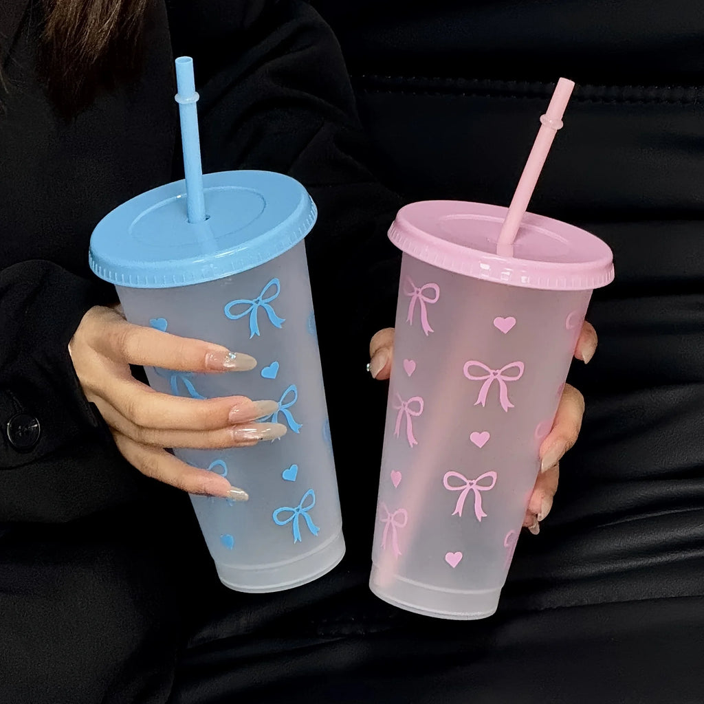 2/20pcs 24oz Reusable Party Cups with Straw & Lid Cute Bow Plastic Tumblers for Cold Drinks Home Office Outdoor Use Summer Gift
