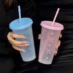 2/20pcs 24oz Reusable Party Cups with Straw & Lid Cute Bow Plastic Tumblers for Cold Drinks Home Office Outdoor Use Summer Gift