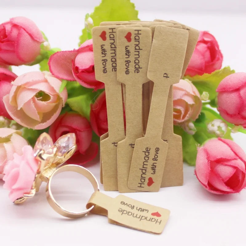 100PCS Multi Style Ring Folded Labels White/Kraft Handmade with Love Ring Price Labels Jewelry Tag Sticker Labels 6*1.2cm