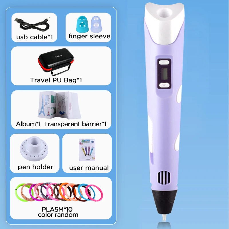 3D Pen With LCD Screen Compatible PLA Filament Toys 3D Drawing Printing Pen for Children DIY Christmas Birthday Gift