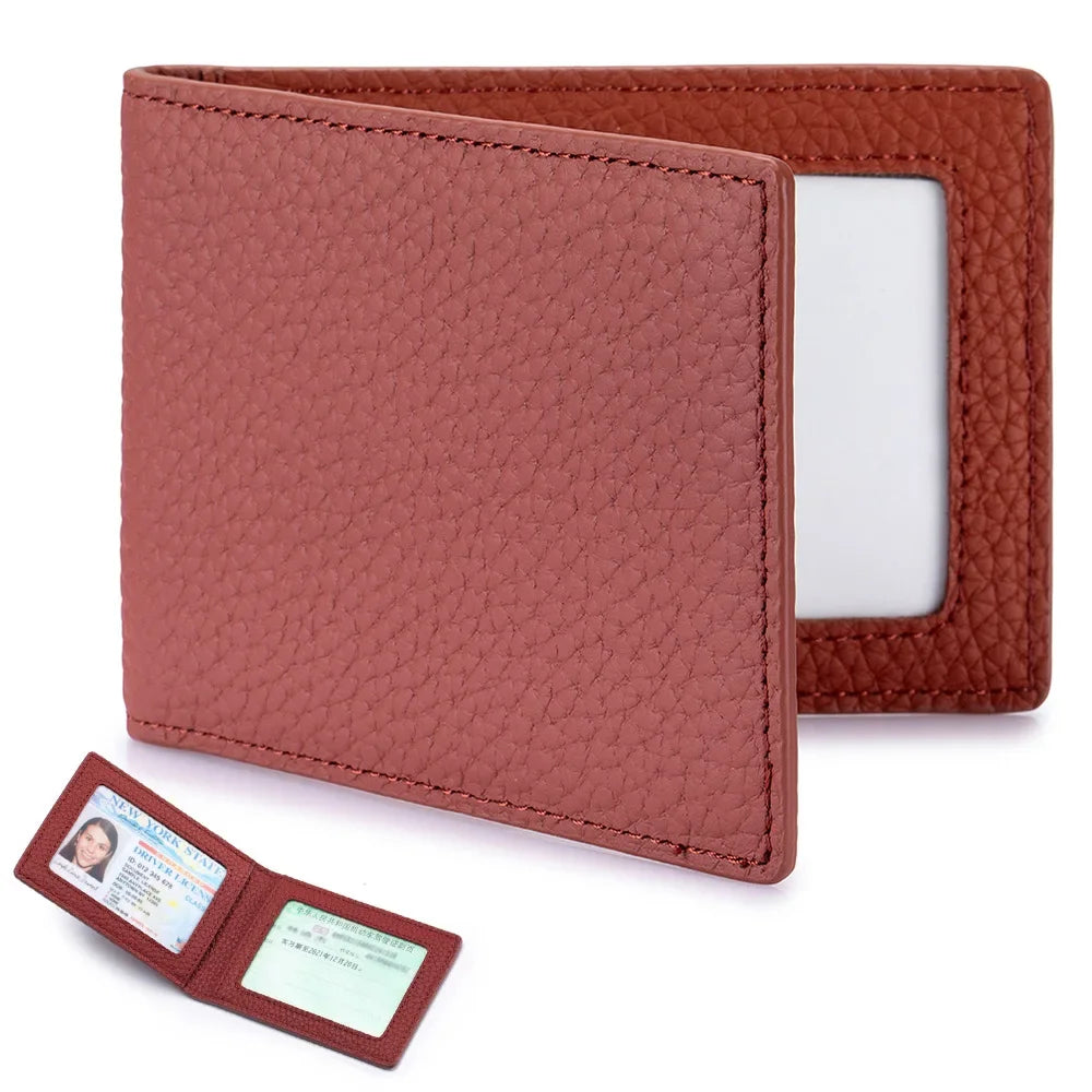 Thin Minimalist Bifold Design Driver's Licence Cover Genuine Leather ID Badge Window Slot Credit and Debit Vaccinum Cards Holder