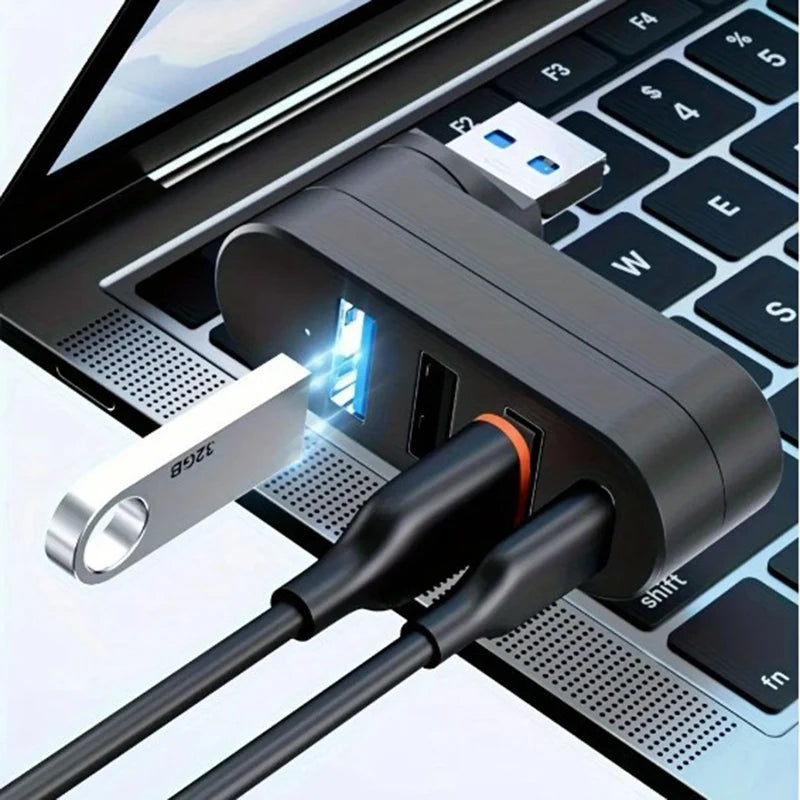 4-Port USB 3.0 Hub [90°, 180° Rotatable], USB Splitter, 3 USB Ports and 1 USB C Power/Data Port, USB Extender for Laptops, Cars,
