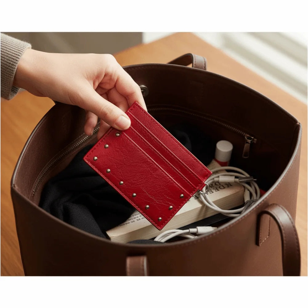 Compact Ultra Thin Cracked Leather Card Wallet Mini Size Multiple Slots Rivet Card Holder Solid Color PU Coin Purse Student
