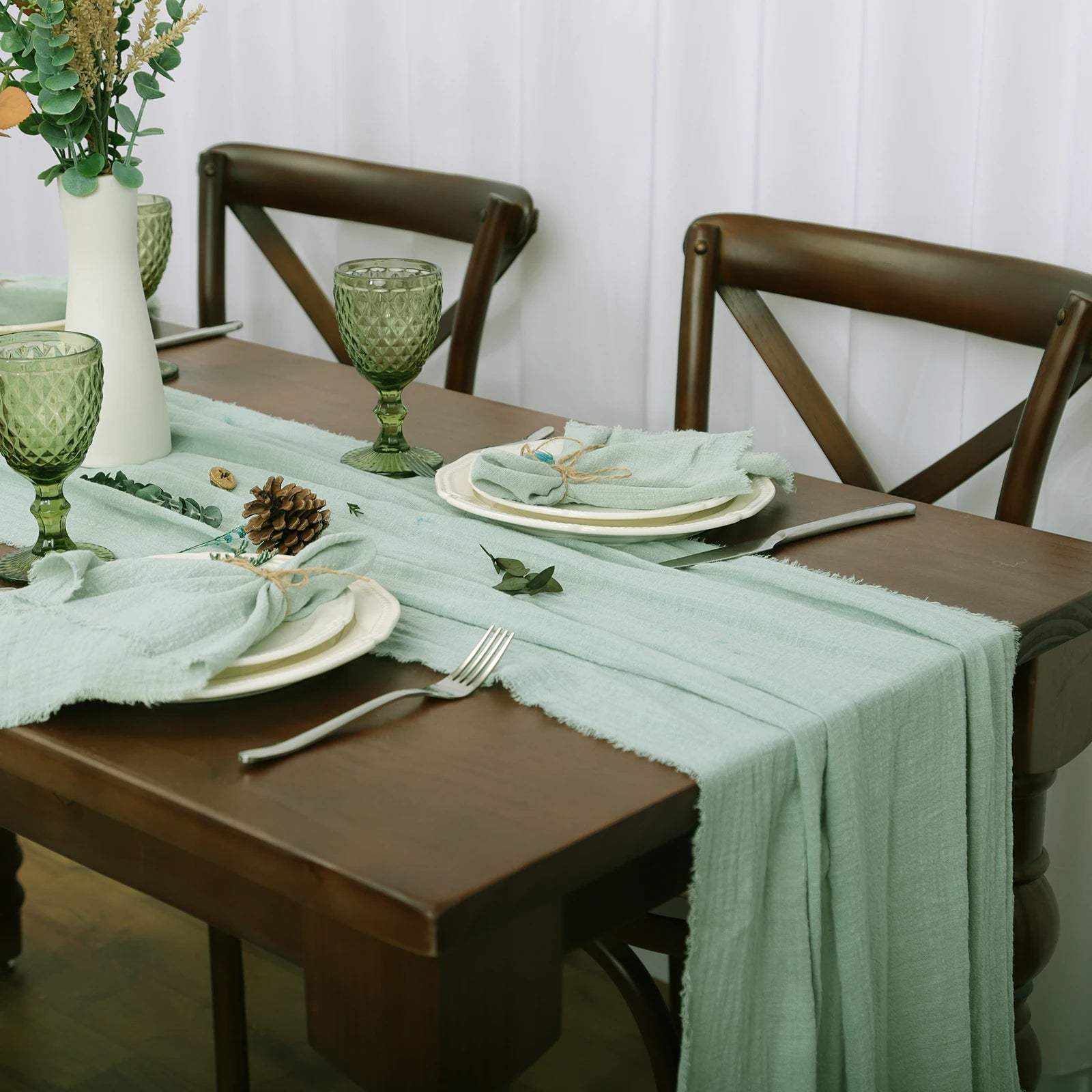 10pcs 32x32cm Gauze Cotton Wedding Napkins Reusable Green Trim Tea Towel Rustic Retro Burrs Napkins for Party Table Decoration