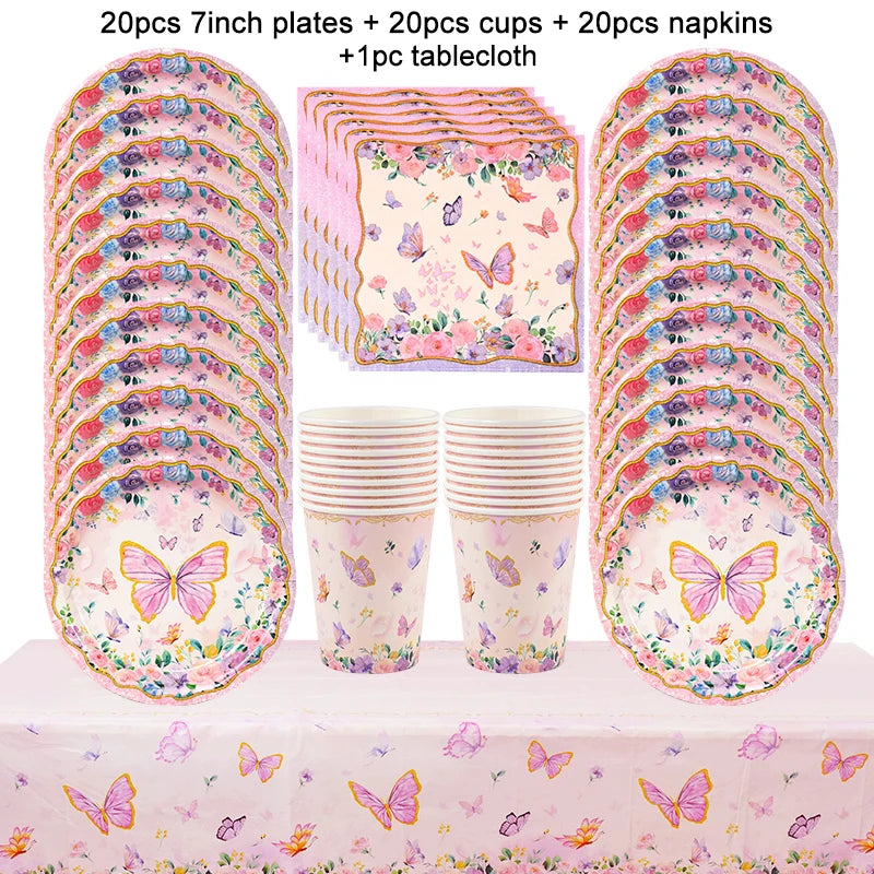 Butterfly Disposable Tableware Set Paper Plate Cup Napkins Pink Butterfly Birthday Party Decoration Baby Shower Wedding Supplies