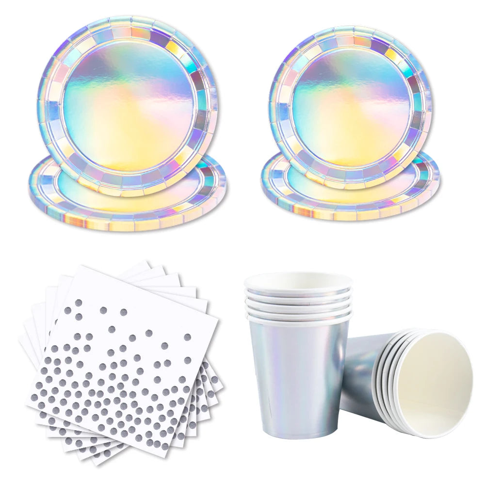 Silver Laser Paper Disposable Tableware Set Dinner Paper Plate Cup Napkin Tablecloth for Birthday Party Retirement Wedding Party